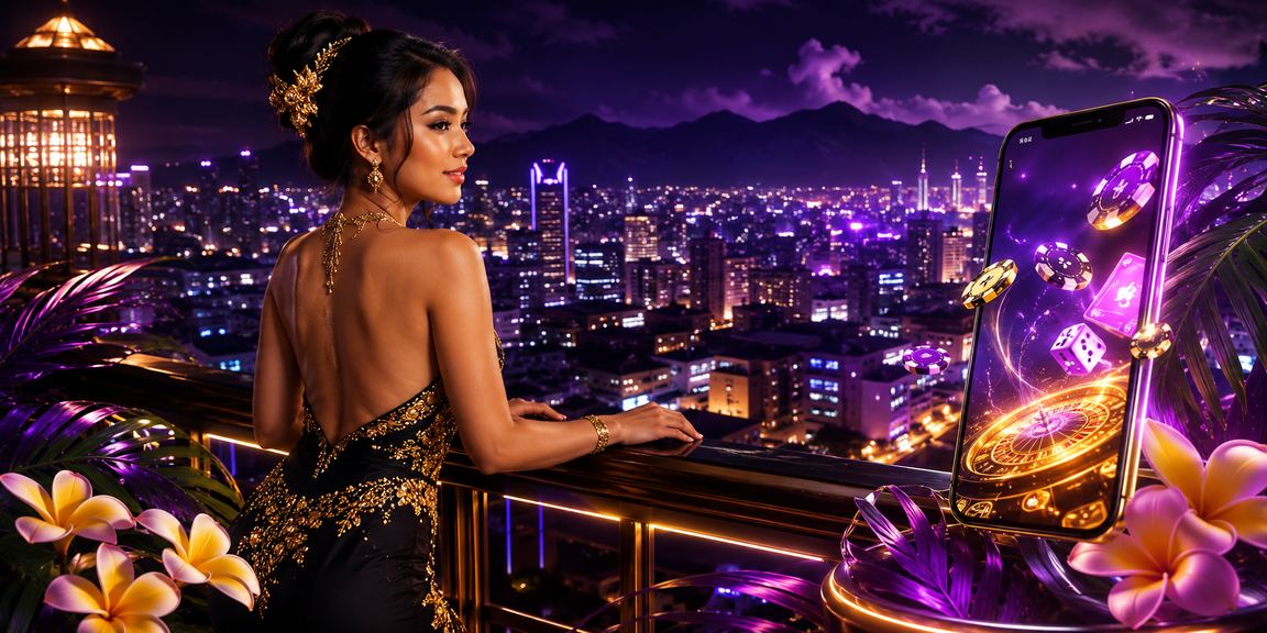 Tampilan aplikasi casino mobile dengan efek neon yang modern dan mencolok