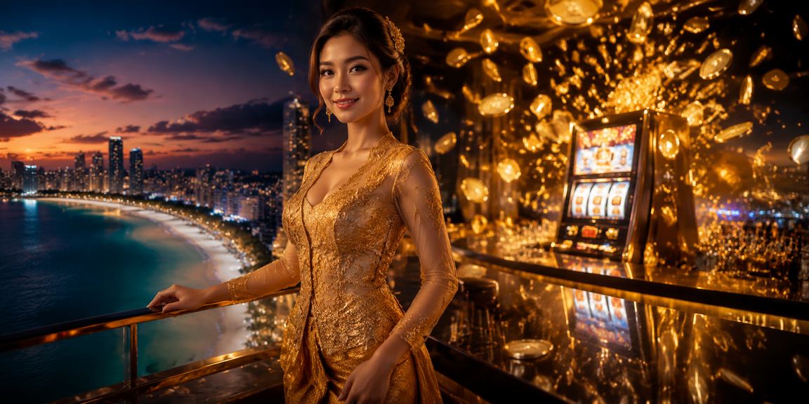 Pemain slot game bersantai di tepi pantai dengan suasana cerah dan menyenangkan