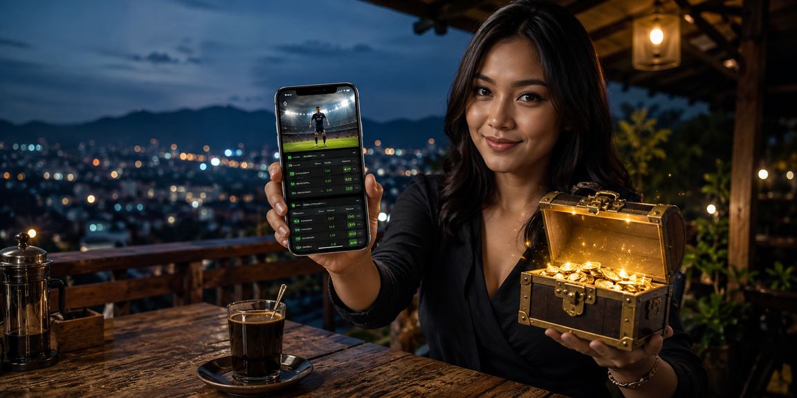 Pengguna mengakses taruhan olahraga panglima88 dari ponsel sambil minum kopi